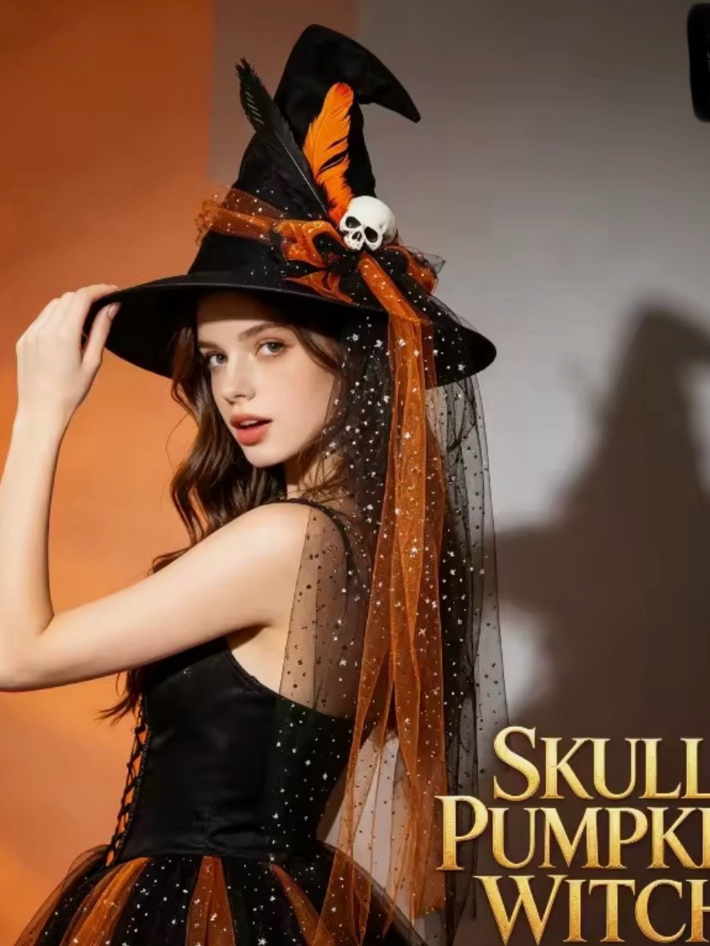 Which hat skull Halloween costume orange black silver NWT